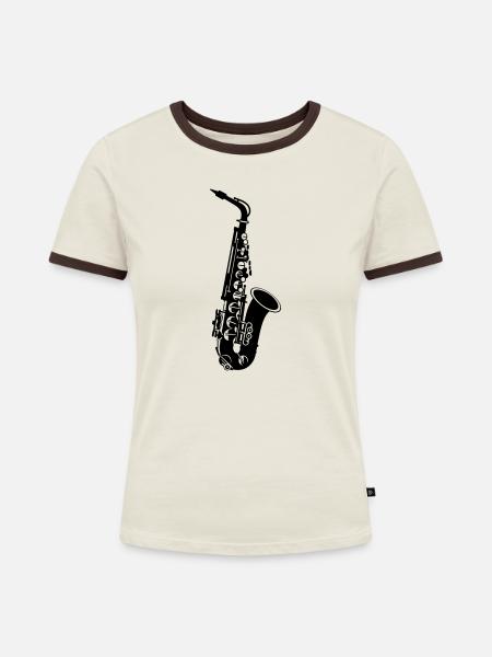 Saxophon - Frauen Kontrast-T-Shirt - Off-White/Dunkelbraun