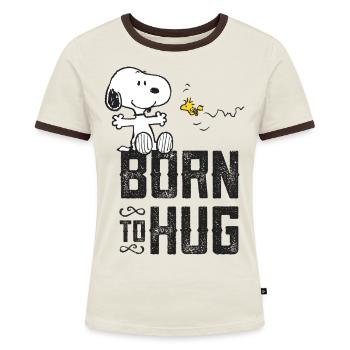 Peanuts Snoopy Born To Hug Woodstock - Frauen Kontrast-T-Shirt - Off-White/Dunkelbraun - Vorne - AI Model Female 172 dark (172cm)