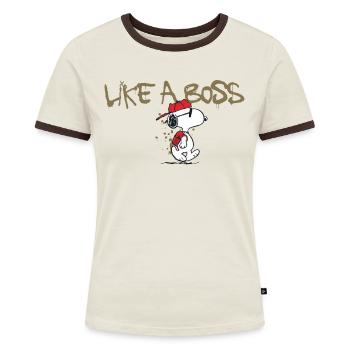 Peanuts Snoopy Like A Boss Cooler Spruch - Frauen Kontrast-T-Shirt - Off-White/Dunkelbraun - Vorne - AI Model Female 172 dark (172cm)