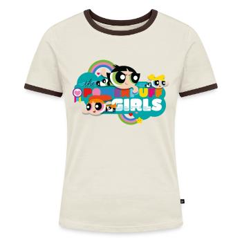 Powerpuff Girls Regenbogen - Frauen Kontrast-T-Shirt - Off-White/Dunkelbraun - Vorne - AI Model Female 172 dark (172cm)