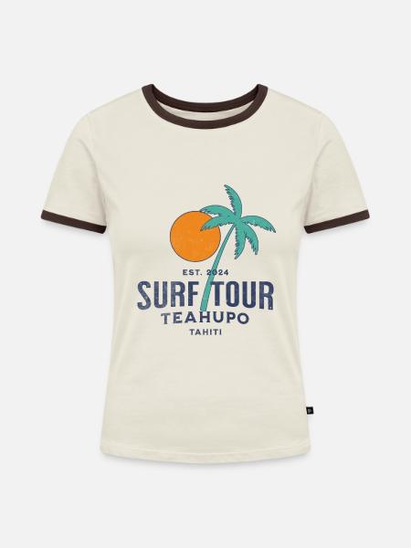 Surftour Teahupoo Tahiti - Frauen Kontrast-T-Shirt - Off-White/Dunkelbraun
