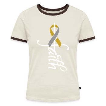 Band-Chemo-Krebs-Bewusstsein - Frauen Kontrast-T-Shirt - Off-White/Dunkelbraun - Vorne - AI Model Female 172 dark (172cm)
