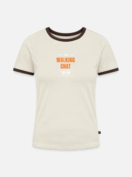Walking Chat - Frauen Kontrast-T-Shirt - Off-White/Dunkelbraun