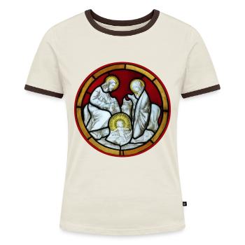 kirchenfenster heilige familie - Frauen Kontrast-T-Shirt - Off-White/Dunkelbraun - Vorne - AI Model Female 172 dark (172cm)