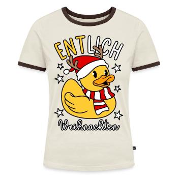 Lustige Ente - Gummiente - ENTlich Weihnachten - Frauen Kontrast-T-Shirt - Off-White/Dunkelbraun - Vorne - AI Model Female 172 dark (172cm)