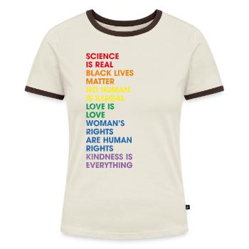 Gay Pride Human Rights Proud Ally LGBT - Frauen Kontrast-T-Shirt - Off-White/Dunkelbraun - Vorne - AI Model Female 172 dark (172cm)