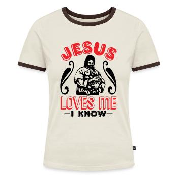 Taufe, Kommunion und Konfirmation Geschenke - Frauen Kontrast-T-Shirt - Off-White/Dunkelbraun - Vorne - AI Model Female 172 dark (172cm)