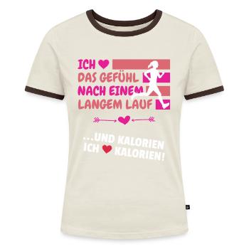 FRAUEN LAUFEN JOGGEN LÄUFERIN JOGGERIN - Frauen Kontrast-T-Shirt - Off-White/Dunkelbraun - Vorne - AI Model Female 172 dark (172cm)