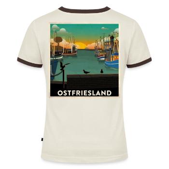 Ostfriesland Heimathafen - Frauen Kontrast-T-Shirt - Off-White/Dunkelbraun - Hinten - AI Model Female 172 dark (172cm)