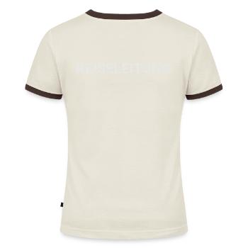 Reiseleitung Rücken, Rückseite, hinten beschriftet - Frauen Kontrast-T-Shirt - Off-White/Dunkelbraun - Hinten - AI Model Female 172 dark (172cm)