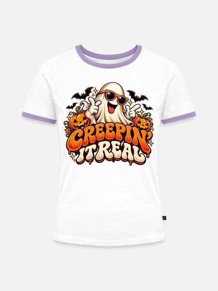 Creepin' It Real | Retro Halloween-Geist - Frauen Kontrast-T-Shirt - Weiß/Lavendel