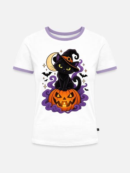 Schwarze Katzenhexe und Heller Kürbis - Frauen Kontrast-T-Shirt - Weiß/Lavendel