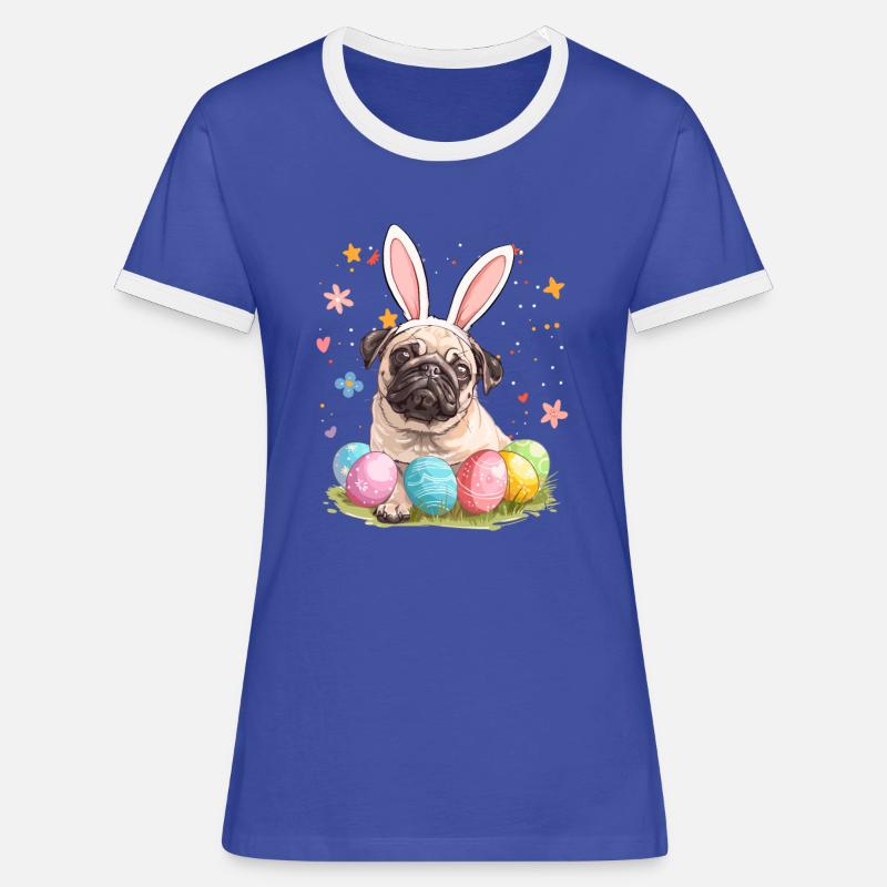 Pug easter eggs Hunting easter day - Women's Ringer T-Shirt - blue/white