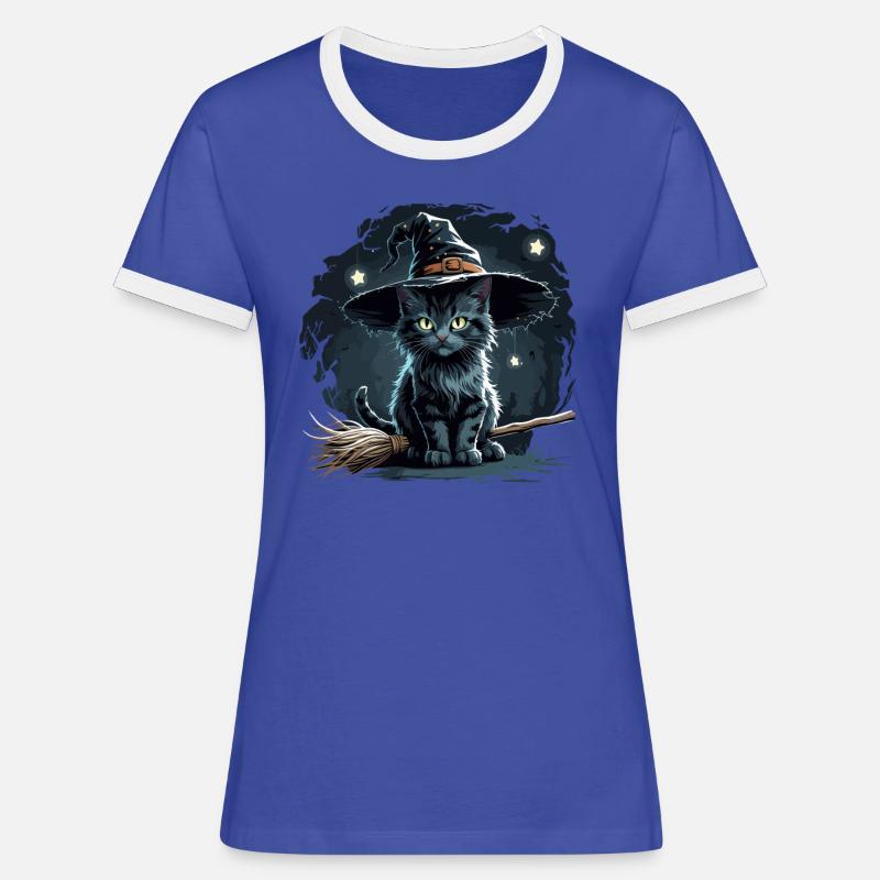 Witch Cat Halloween Tee – Hiss‑terious Meow! - Women's Ringer T-Shirt - blue/white