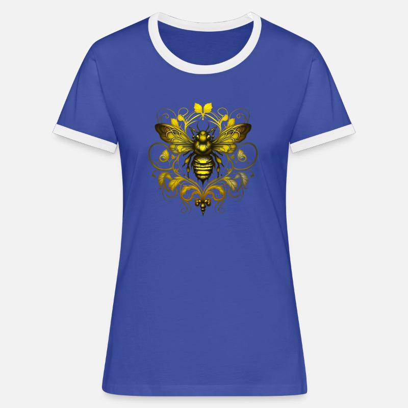 Bee, Bumblebee, Insect, Floral, Pattern, Ornaments - Women's Ringer T-Shirt - blue/white