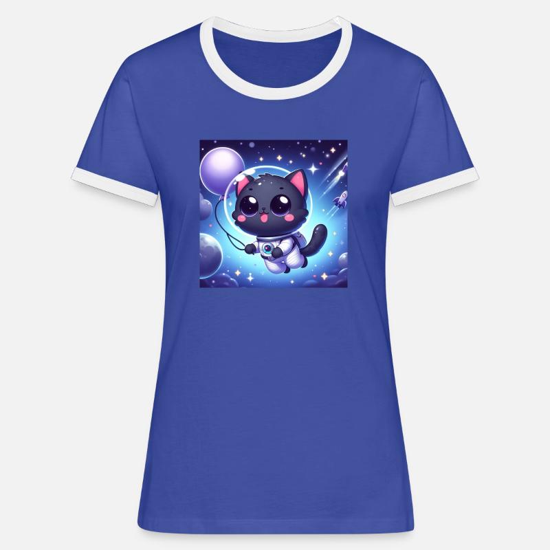 Space Kitty in space with a balloon - Women's Ringer T-Shirt - blue/white