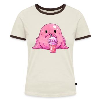 Kawaii Blobfish Pink Boba Bubble Milk Tea - Women's Ringer T-Shirt - blue/white - Front