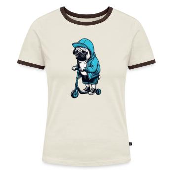 Lustiger Mops auf Roller Comic Cartoon Cool Hund - Frauen Kontrast-T-Shirt - Blau/Weiß - Vorne