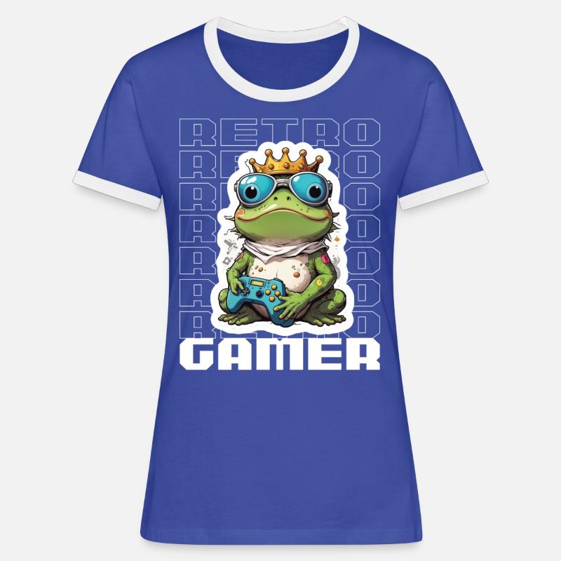 Retro Gamer Frog with Controller Console Games - Women's Ringer T-Shirt - blue/white