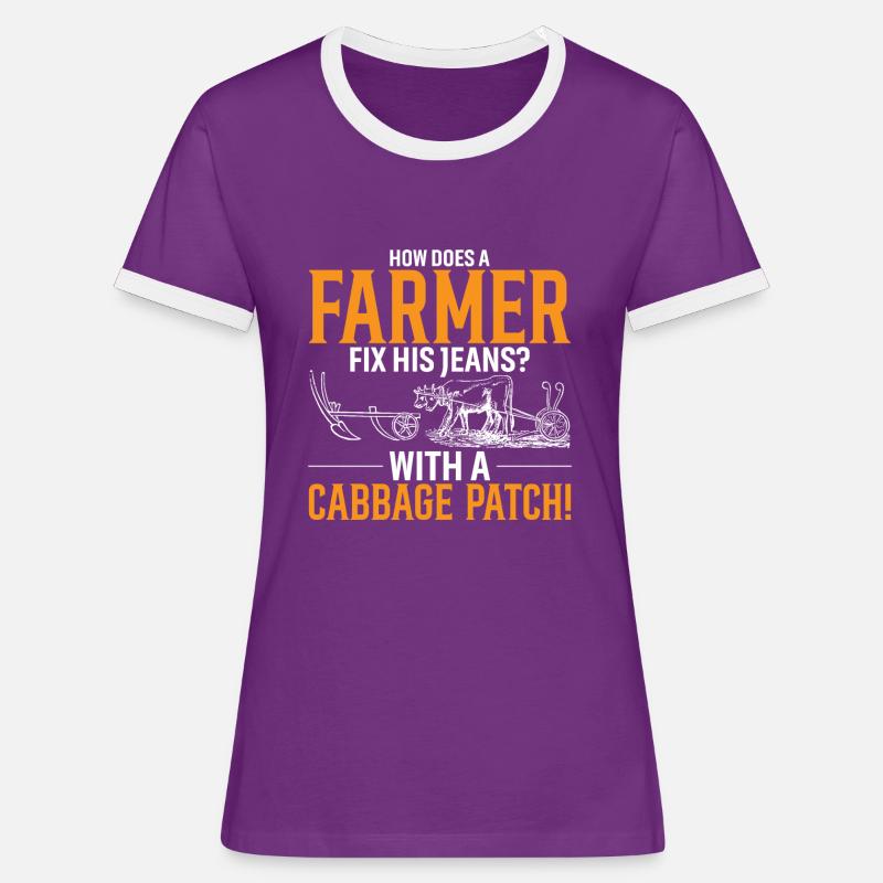 How Does A Farmer Fix His Jeans? With A Cabbage Pa - Women's Ringer T-Shirt - purple/white