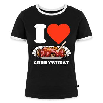 I Love Currywurst - Fast Food Fan - Wurst Kult - Frauen Kontrast-T-Shirt - Schwarz/Weiß - Vorne - Selfina (174cm)