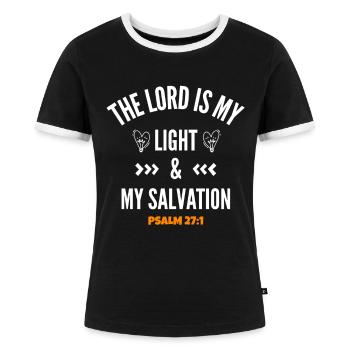 Jesus, Jesus, Jesus Christ Christ Christ Christ - Frauen Kontrast-T-Shirt - Schwarz/Weiß - Vorne - Selfina (174cm)