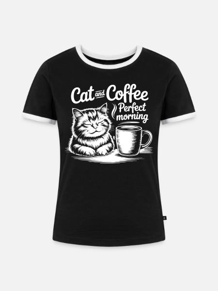 Katzenliebe und Kaffeegenuss - Frauen Kontrast-T-Shirt - Schwarz/Weiß