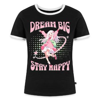 Dream big stay happy - positive Vibes Anime Shirt - Frauen Kontrast-T-Shirt - Schwarz/Weiß - Vorne - Selfina (174cm)