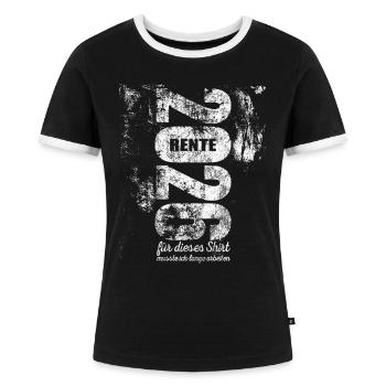 Rente 2026 - lange arbeiten - Ruhestand - Pension - Frauen Kontrast-T-Shirt - Schwarz/Weiß - Vorne - Selfina (174cm)