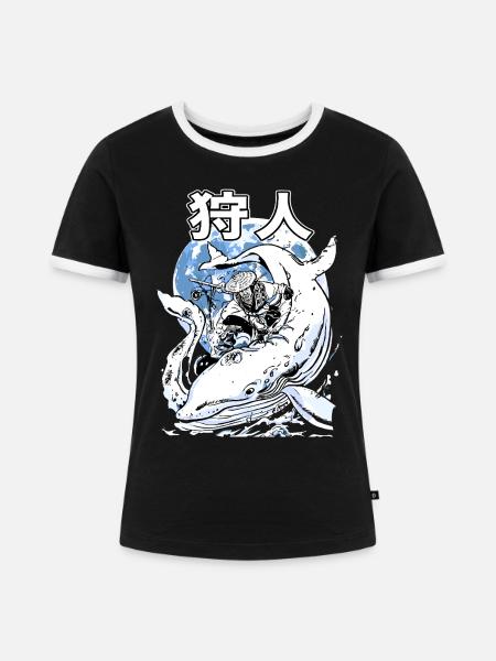 Japanischer Wal Kampf – Ukiyo-e Meereskunst - Frauen Kontrast-T-Shirt - Schwarz/Weiß