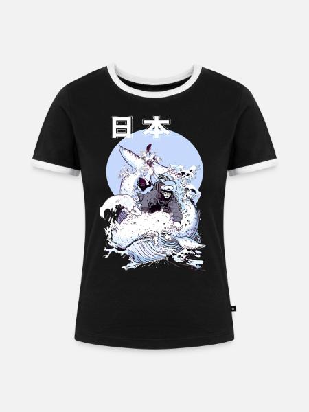 Japanischer Wal Kampf – Ukiyo-e Meereskunst - Frauen Kontrast-T-Shirt - Schwarz/Weiß