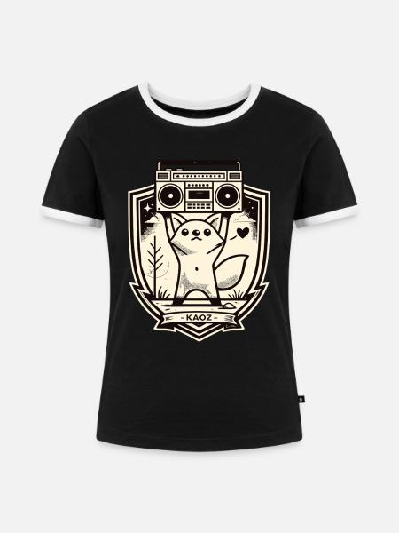 Kitty Boombox Wappen - Frauen Kontrast-T-Shirt - Schwarz/Weiß