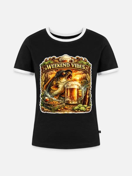 Wochenendstimmung – Lustiges Karpfenfischen-Bierdesign - Frauen Kontrast-T-Shirt - Schwarz/Weiß