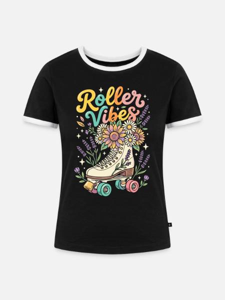 Roller Vibes Rollschuh Blumen Retro - Frauen Kontrast-T-Shirt - Schwarz/Weiß
