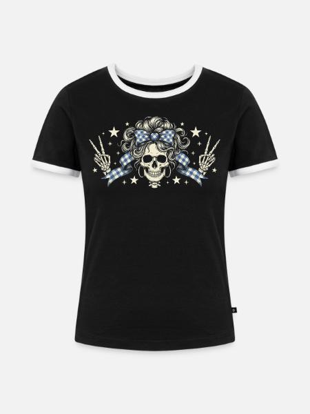 Schädel mit Karo Band - Frauen Kontrast-T-Shirt - Schwarz/Weiß