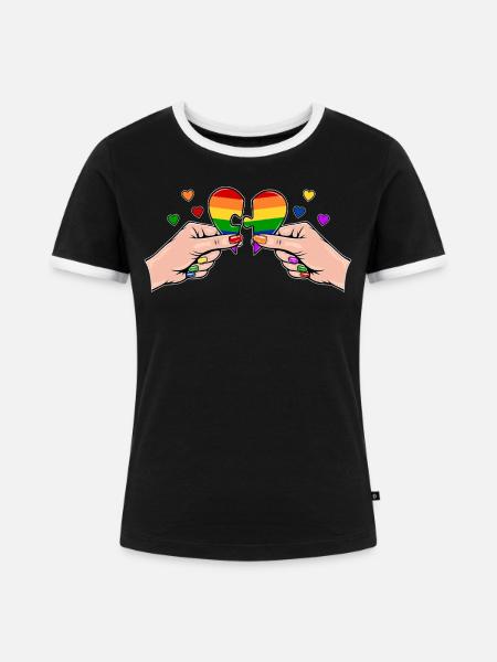 Frauenhände Herzpuzzle Regenbogen mit Herzen - Frauen Kontrast-T-Shirt - Schwarz/Weiß