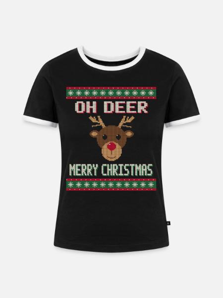 Oh Deer - Rentier Weihnachtspullover - Frauen Kontrast-T-Shirt - Schwarz/Weiß