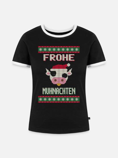 Frohe Muhnachten - Kuh Ugly Sweater - Frauen Kontrast-T-Shirt - Schwarz/Weiß