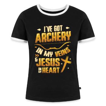 Religiöser Bogenschütze, Bogenschießen - Frauen Kontrast-T-Shirt - Schwarz/Weiß - Vorne - Selfina (174cm)