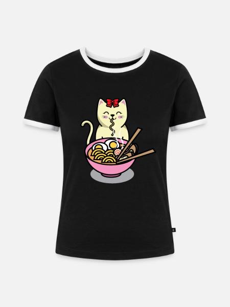 Süße essende Katze - Frauen Kontrast-T-Shirt - Schwarz/Weiß