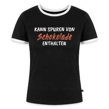 Kann Spuren Von Schokolade Enthalten Lustig - Frauen Kontrast-T-Shirt - Schwarz/Weiß - Vorne - Selfina (174cm)