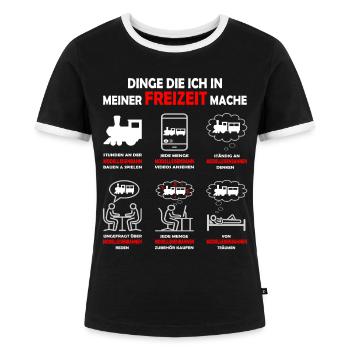 Dinge in meiner Freizeit - Modelleisenbahn Lok - Frauen Kontrast-T-Shirt - Schwarz/Weiß - Vorne - Selfina (174cm)