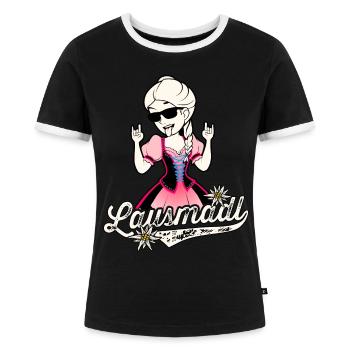Lausmadl Shirt T-Shirt Trachten Dirndl - Frauen Kontrast-T-Shirt - Schwarz/Weiß - Vorne - Selfina (174cm)