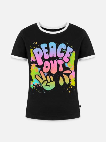 Peace-Out, Frieden-Symbol Friedenszeichen, 70er - Frauen Kontrast-T-Shirt - Schwarz/Weiß
