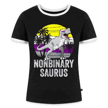 Nicht binär Stolz Flagge Dinosaurier Trex LGBTQ - Frauen Kontrast-T-Shirt - Schwarz/Weiß - Vorne - Selfina (174cm)