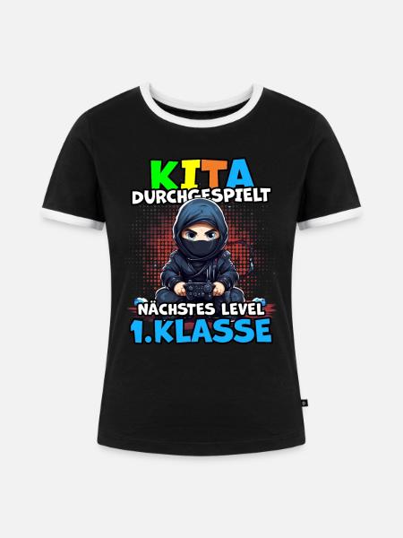 Einschulung Ninja-Krieger Videogamer Schulanfang - Frauen Kontrast-T-Shirt - Schwarz/Weiß