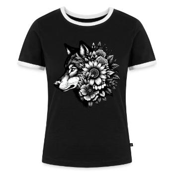 Wolf Blumen Tier Grafik Wolfsliebhaber - Frauen Kontrast-T-Shirt - Schwarz/Weiß - Vorne - Selfina (174cm)