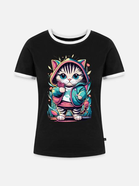 süßes Kawaii Kätzchen Japan - Frauen Kontrast-T-Shirt - Schwarz/Weiß