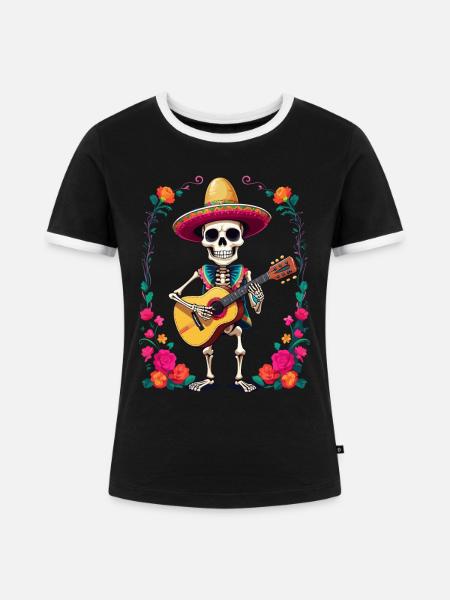 Mexikanischer Mariachi Skelett Gitarrist - Frauen Kontrast-T-Shirt - Schwarz/Weiß