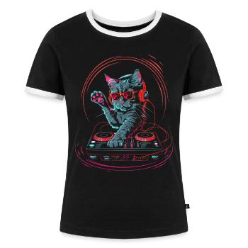 DJ Katze mit Kopfhörer und Sonnenbrille | DJ Cat - Frauen Kontrast-T-Shirt - Schwarz/Weiß - Vorne - Selfina (174cm)